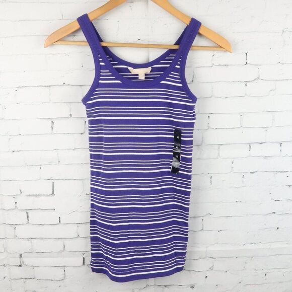 BANANA REPUBLIC PURPLE & WHITE STRIPE EXTRA LONG TANK TOP SIZE XS NWT - Picture 1 of 8